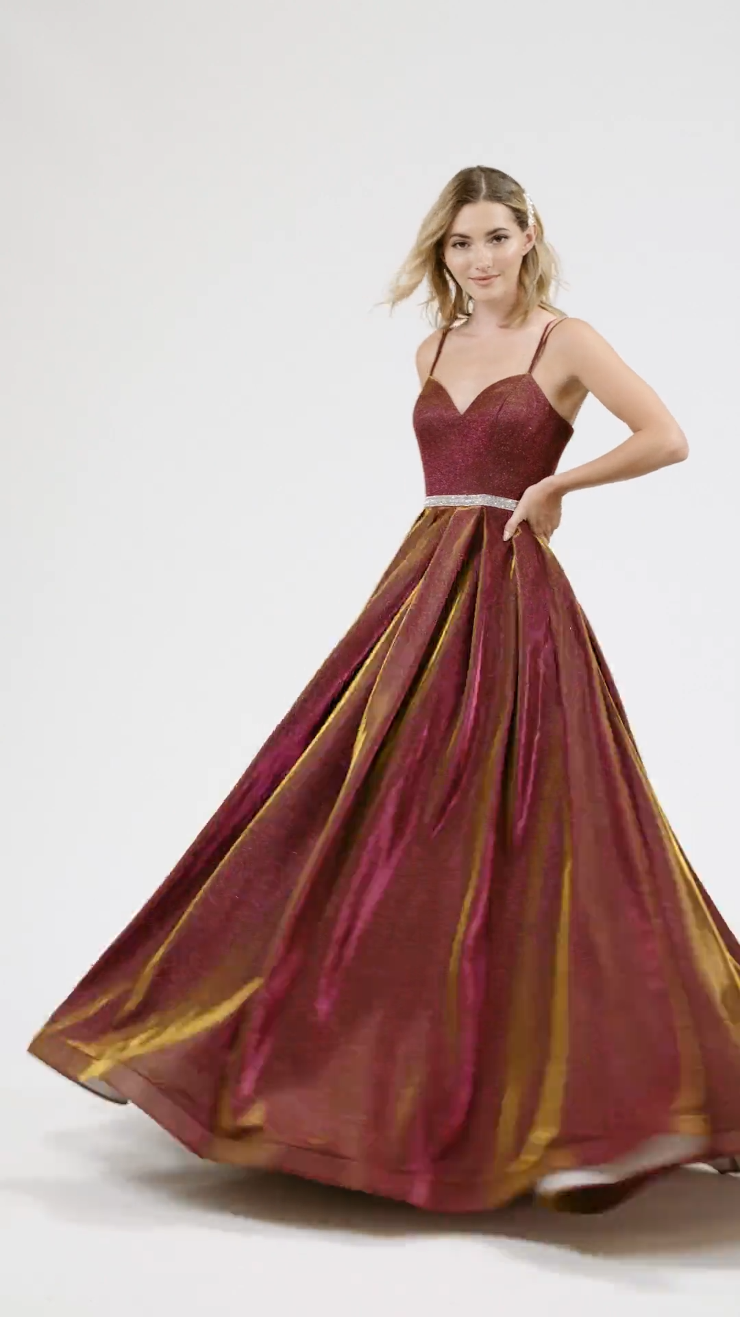 Val Stefani 3906RG sparkly and flowy pleated A-line prom dress with thin straps sweetheart and open back and beaded belt Val Stefani 3906RG sparkly and flowy pleated A-line prom dress with thin straps sweetheart and open back and beaded belt