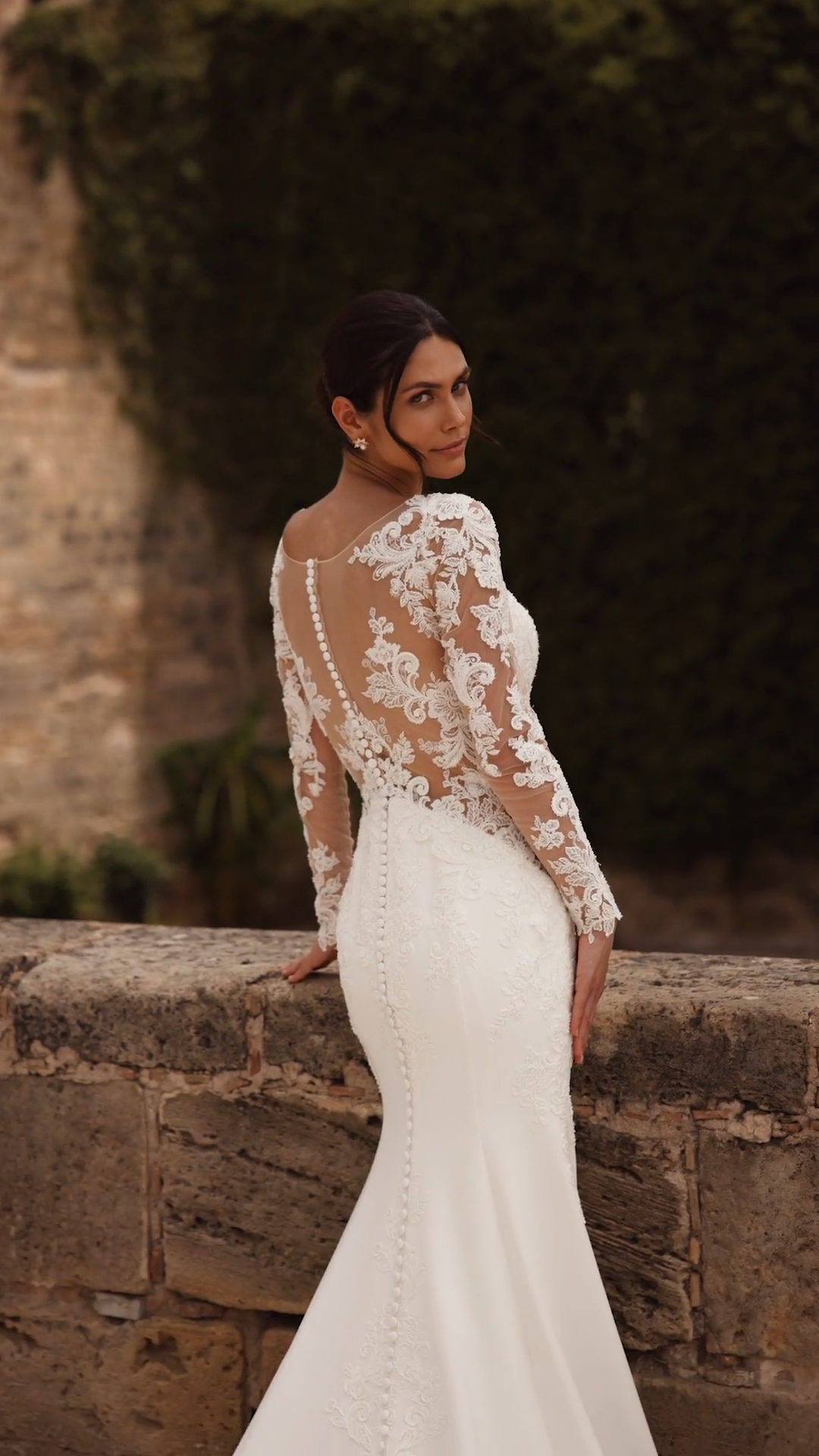 Sexy long sleeve crepe wedding dress with side bodice cutouts and lace scalloped train Sexy long sleeve crepe wedding dress with side bodice cutouts and lace scalloped train