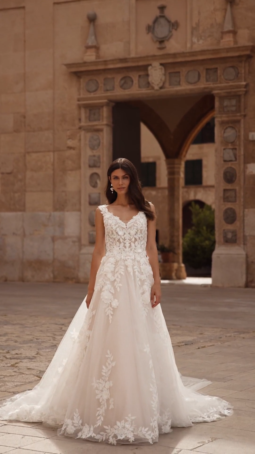 Portrait neckline lace ball gown wedding dress with 3D floral leaf lace and detachable Watteau train Portrait neckline lace ball gown wedding dress with 3D floral leaf lace and detachable Watteau train