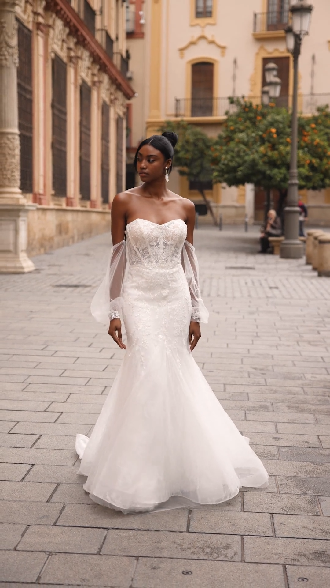 Style GLORIA Classic Sweetheart and Illusion Open Back Chantilly Lace Mermaid with Off-Shoulder Bishop Sleeves Style GLORIA Classic Sweetheart and Illusion Open Back Chantilly Lace Mermaid with Off-Shoulder Bishop Sleeves