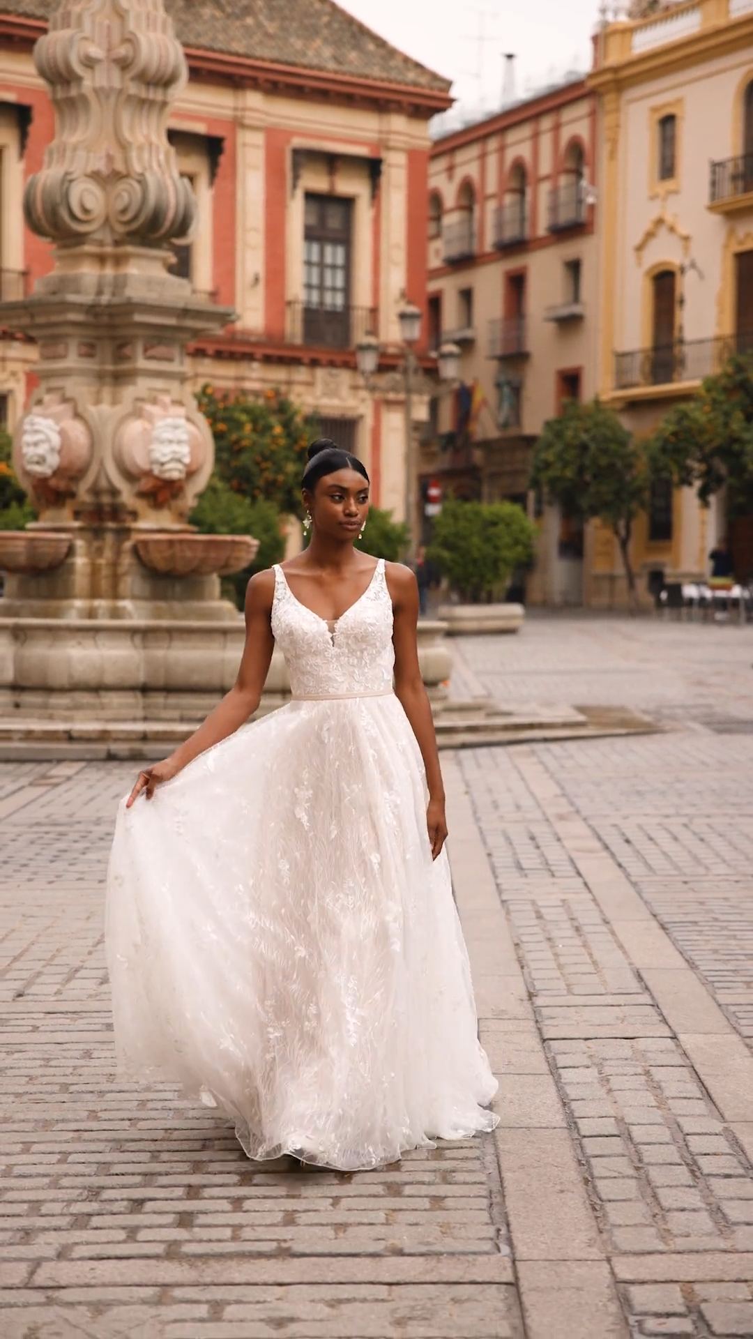 Style NINA V-Neck and Deep V-Back Floral Embroidered Net with Sequins A-Line with Couture Band at Drop Waist