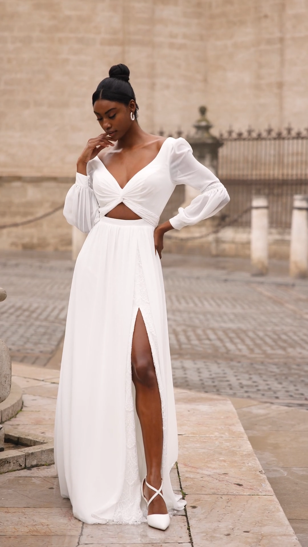 Style ROSALIA Boho Princess Deep V-Neck and Deep V-Back Chiffon A-Line with Alencon Lace Trim Leg Slit Style ROSALIA Boho Princess Deep V-Neck and Deep V-Back Chiffon A-Line with Alencon Lace Trim Leg Slit