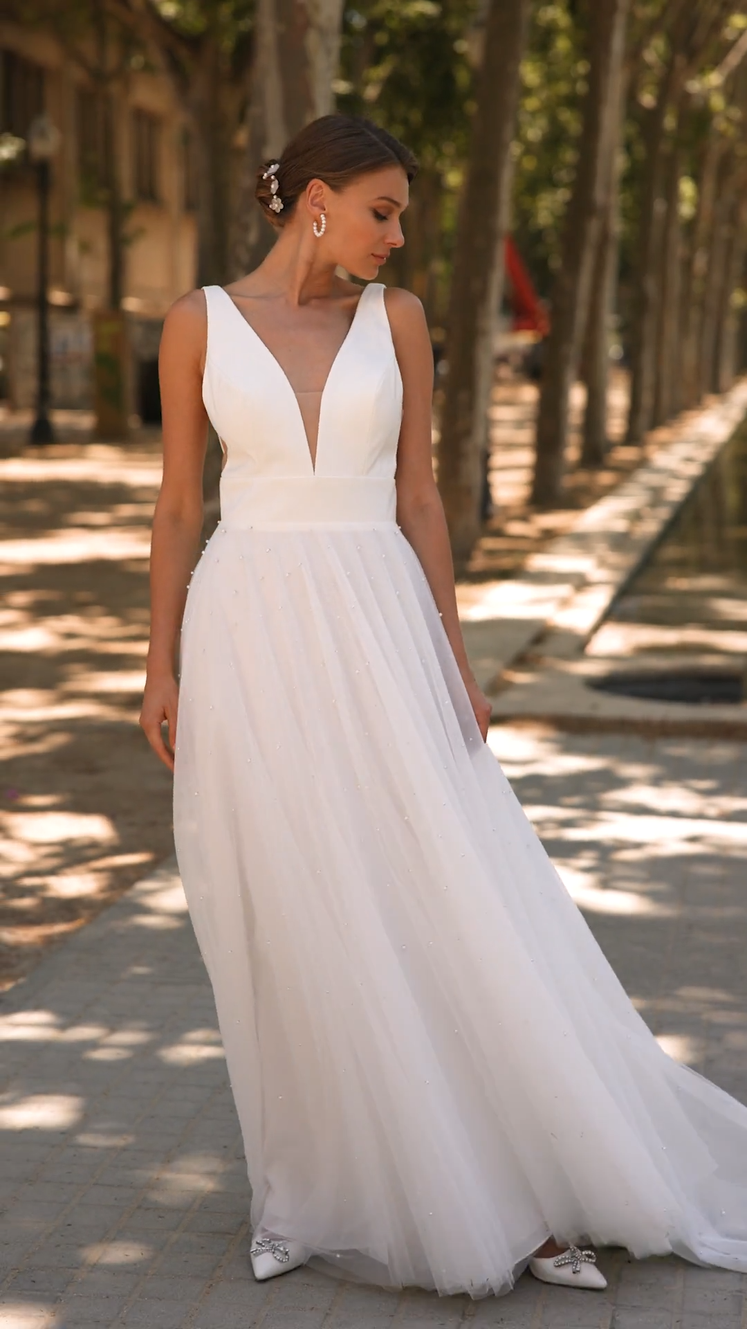 Style DAKOTA S2231 Beautiful Stretch Satin Deep V-Neck with Nude Illusion Inset A-Line Tulle with Pearls Style DAKOTA S2231 Beautiful Stretch Satin Deep V-Neck with Nude Illusion Inset A-Line Tulle with Pearls
