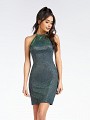 Metallic Jersey sleeveless peacock blue short cocktail dress with halter neckline Metallic Jersey sleeveless peacock blue short cocktail dress with halter neckline