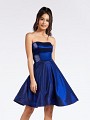 Strapless satin navy short A-line cocktail dress with thin couture band at waist Strapless satin navy short A-line cocktail dress with thin couture band at waist