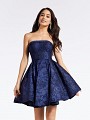 Jacquard print short A-line navy party dress with strapless neckline and pockets at side skirt Jacquard print short A-line navy party dress with strapless neckline and pockets at side skirt