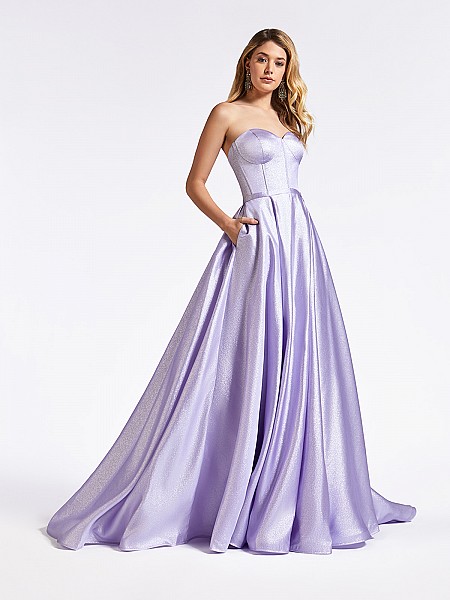 Fairytale inspired strapless lilac formal gown with sparkling corset bodice and pockets at skirt Fairytale inspired strapless lilac formal gown with sparkling corset bodice and pockets at skirt