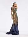 Long sequin short sleeveformal gold and navy dress with illusion bateau bodice Long sequin short sleeveformal gold and navy dress with illusion bateau bodice