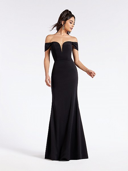 Black floor length formal gown with off-the-shoulder straps and illusion sweetheart neckline Black floor length formal gown with off-the-shoulder straps and illusion sweetheart neckline