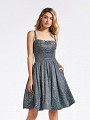 Short A-line blue metallic print jersey dress with box pleats and pockets at side skirt Short A-line blue metallic print jersey dress with box pleats and pockets at side skirt