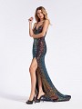 Shimmering sequin floor length multi black mermaid formal gown with thin straps and slit Shimmering sequin floor length multi black mermaid formal gown with thin straps and slit