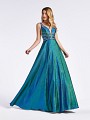 Green floor length metallic satin prom dress with deep sweetheart neckline and illusion inset Green floor length metallic satin prom dress with deep sweetheart neckline and illusion inset