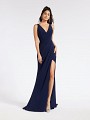 Long navy mermaid formal dress with classic V-neck neckline and leg slit Long navy mermaid formal dress with classic V-neck neckline and leg slit