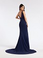 Navy hued classy and formal floor length dress with kick train and deep V-shaped back Navy hued classy and formal floor length dress with kick train and deep V-shaped back