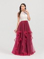 ValStefani 3454RE A-line with cascade skirt with tulle and lace in wine and nude ValStefani 3454RE A-line with cascade skirt with tulle and lace in wine and nude