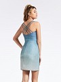 Thigh length fitted ombre blue metallic jersey cocktail dress with strappy open back Thigh length fitted ombre blue metallic jersey cocktail dress with strappy open back
