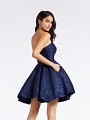 Jacquard print short navy homecoming dress with natural waistline Jacquard print short navy homecoming dress with natural waistline