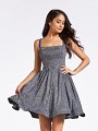 Mini shiny metallic print purple semi-formal cocktail a-line dress with square neckline Mini shiny metallic print purple semi-formal cocktail a-line dress with square neckline
