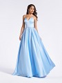 Satin floor length classic sky blue full A-line gown with box pleats and pockets at side skirt Satin floor length classic sky blue full A-line gown with box pleats and pockets at side skirt