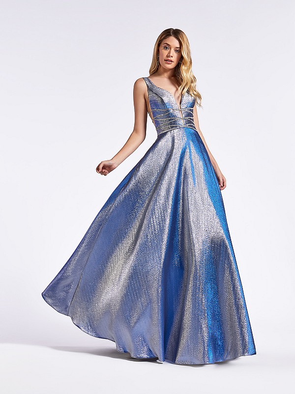 Steel blue iridescent satin long formal dress with beaded details at waist