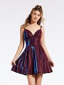 Short iridescent jersey wine hued homecoming dress with deep sweetheart neckline and thin straps Short iridescent jersey wine hued homecoming dress with deep sweetheart neckline and thin straps