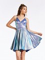 Short lilac iridescent satin A-line dress with fitted bodice and pleated skater skirt Short lilac iridescent satin A-line dress with fitted bodice and pleated skater skirt