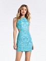 Sleeveless short turquoise semi-formal dress with re-embroidered lace fabric and beading Sleeveless short turquoise semi-formal dress with re-embroidered lace fabric and beading