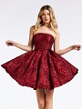Strapless jacquard homecoming wine dress with box pleats and folded strapless neckline Strapless jacquard homecoming wine dress with box pleats and folded strapless neckline
