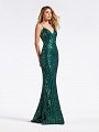 Long green formal gown with illusion inset on deep sweetheart neckline and sparkly sequins Long green formal gown with illusion inset on deep sweetheart neckline and sparkly sequins