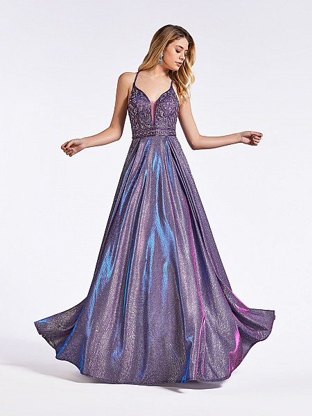 Purple floor length metallic prom dress with deep sweetheart neckline and beaded bodice Purple floor length metallic prom dress with deep sweetheart neckline and beaded bodice