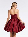 Short wine colored party dress with jacquard print with open back folded neckline Short wine colored party dress with jacquard print with open back folded neckline