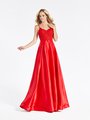 Val Stefani 3929RY red sweetheart with straps lace appliques and satin A-line formal gown with natural waistline Val Stefani 3929RY red sweetheart with straps lace appliques and satin A-line formal gown with natural waistline