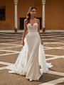 Unlined Strapless Sweetheart with Illusion Inset Beaded Lace Appliques and Crepe Mermaid with Cathedral Detachable Train ValStefani RAMONA Unlined Strapless Sweetheart with Illusion Inset Beaded Lace Appliques and Crepe Mermaid with Cathedral Detachable Train ValStefani RAMONA