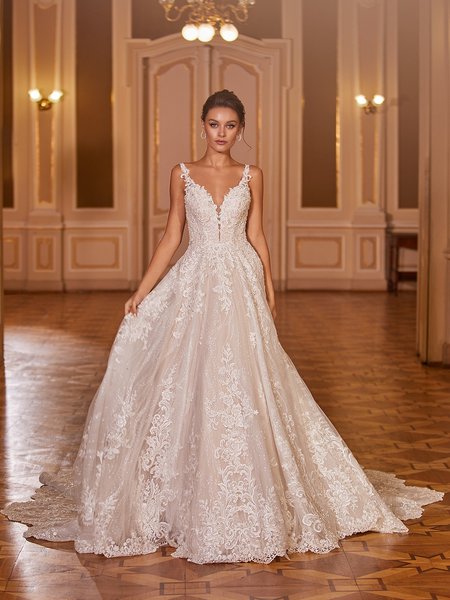 Val Stefani Bridal D8277 Shimmery Deep V-Neck With Illusion Inset Full A-Line Bridal Gown With Scattered Floral Lace Val Stefani Bridal D8277 Shimmery Deep V-Neck With Illusion Inset Full A-Line Bridal Gown With Scattered Floral Lace