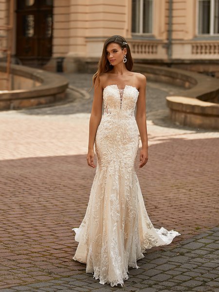 Val Stefani VALENCIA Sexy Strapless Sweetheart Mermaid Gown with Tapered Illusion Inset and Metallic Corded Lace Appliques Val Stefani VALENCIA Sexy Strapless Sweetheart Mermaid Gown with Tapered Illusion Inset and Metallic Corded Lace Appliques