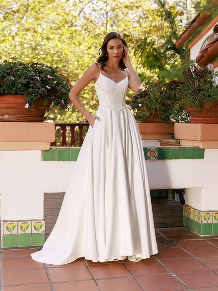 Double faced crepe A-line with beading and side pockets at skirt Style BAILEY Double faced crepe A-line with beading and side pockets at skirt Style BAILEY