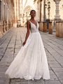 Style SARA Lace Trim Deep V-Neck with Illusion Inset A-Line in Sequins Decorated Guipure Lace Fabric Style SARA Lace Trim Deep V-Neck with Illusion Inset A-Line in Sequins Decorated Guipure Lace Fabric
