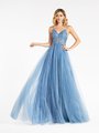 Val Stefani 3962RB re-embroidered lace appliques over unlined sweetheart bodice with sparkle net A-line gown in steel blue Val Stefani 3962RB re-embroidered lace appliques over unlined sweetheart bodice with sparkle net A-line gown in steel blue