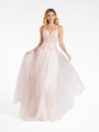 Val Stefani 3963RD re-embroidered lace appliques over unlined sweetheart tulle and glitter print net A-line gown in ice pink Val Stefani 3963RD re-embroidered lace appliques over unlined sweetheart tulle and glitter print net A-line gown in ice pink