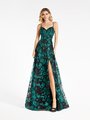 Val Stefani 3965RB sweetheart with straps flowy A-line with front slit gown in emerald and black glitter sequin print tulle Val Stefani 3965RB sweetheart with straps flowy A-line with front slit gown in emerald and black glitter sequin print tulle