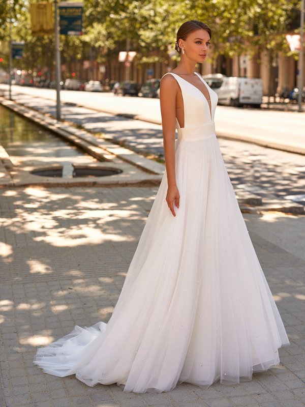 Style DAKOTA S2231 Tulle with Pearls A-Line with Deep V-Neck and Illusion Inset at Side Bodice