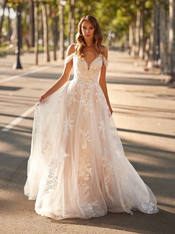 Style ALEXIS S2239 Deep Sweetheart with Illusion Inset and Beaded Straps and Swag Sleeves Full A-Line Gown