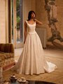 ValStefani AURA Pearl trim scoop neck jacquard satin full A-line gown with basque waist ValStefani AURA Pearl trim scoop neck jacquard satin full A-line gown with basque waist