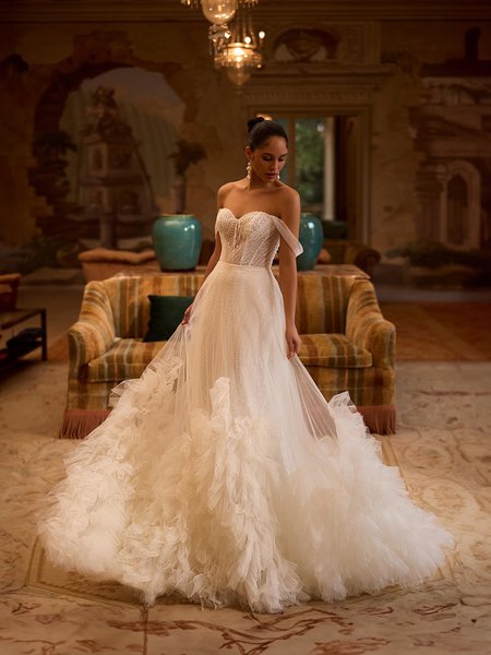 ValStefani VENUS Unlined strapless sweetheart beaded tulle mermaid with ruffled detachable tulle A-line overskirt ValStefani VENUS Unlined strapless sweetheart beaded tulle mermaid with ruffled detachable tulle A-line overskirt