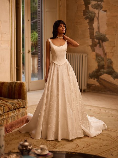 ValStefani AURA Pearl trim scoop neck jacquard satin full A-line gown with basque waist ValStefani AURA Pearl trim scoop neck jacquard satin full A-line gown with basque waist