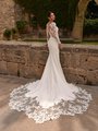 Long semi-cathedral cutout lace train crepe wedding dress with sexy illusion back and sleeves Long semi-cathedral cutout lace train crepe wedding dress with sexy illusion back and sleeves