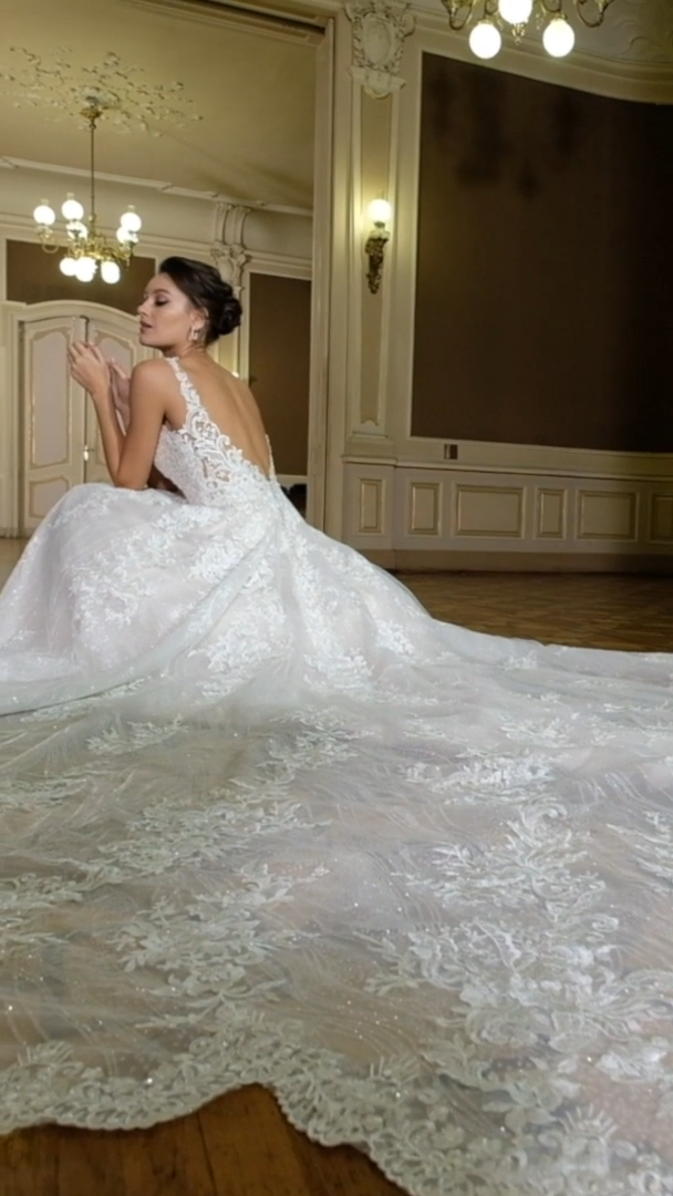 Val Stefani Bridal D8277 Glittery Ornate Floral Lace V-Neck Full A-Line Bridal Gown With Long Sheer Sparkle Petal-Shaped Train Val Stefani Bridal D8277 Glittery Ornate Floral Lace V-Neck Full A-Line Bridal Gown With Long Sheer Sparkle Petal-Shaped Train