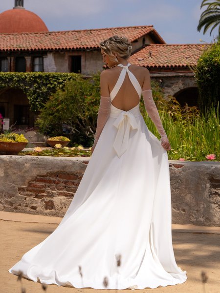 Keyhole Back and Bow Tie at Natural Waist Crepe A-Line with Stretch Lining Style ALDER Keyhole Back and Bow Tie at Natural Waist Crepe A-Line with Stretch Lining Style ALDER