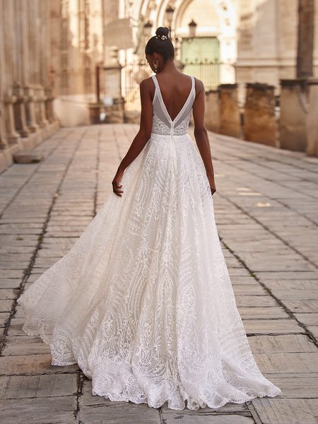 Style SARA Unlined Lace Trim Deep V-Back Guipure Lace Fabric with Sequins and Hem Lace Sweep Train A-Line Gown Style SARA Unlined Lace Trim Deep V-Back Guipure Lace Fabric with Sequins and Hem Lace Sweep Train A-Line Gown