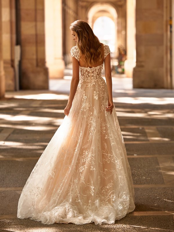 Style ROSIE S2237 Detachable Cap Sleeves Open Illsuion Back A-Line with Sewwp Train